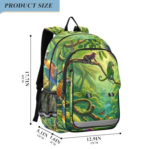 Kids Backpack for Girls Boys, 17 Inch Large Elementary School Backpack for Boys, 6-12 Y, Tropical Animals Green2