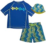 Beach Bros. Boys' Rash Guard Set - 3 Piece UPF 50+ Rash Guard Swim Shirt, Trunks and Bucket Hat - Swimwear for Boys, 2T-7, Size 4T, Royal/Ombre Turtle