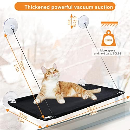 Cat Window Bed Hammock Perch with Strong Suction Cups Windowsill Seat 62x33cm Sturdy and Comfy for Large Cats Perches Holding Up to 23kg Easy to Assemble(All mental frame)