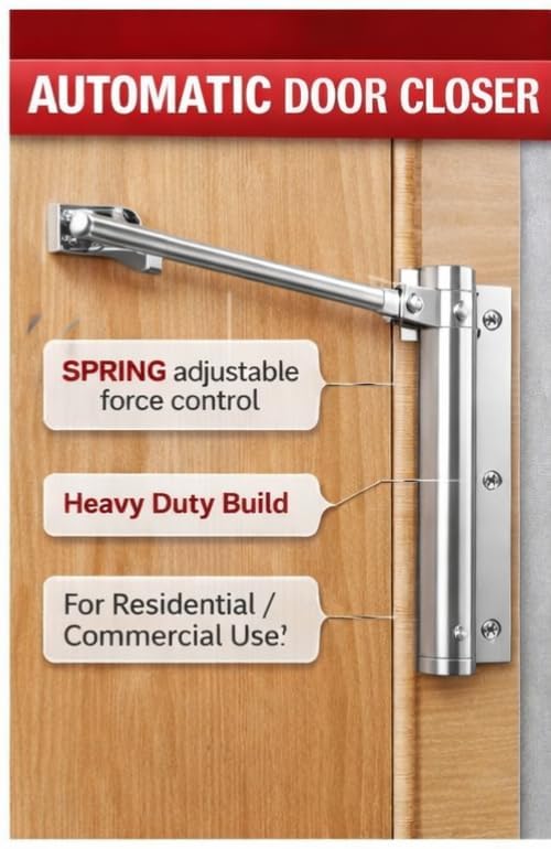 Image of Automatic Door Closer Adjustable Spring Mechanism for Home, Office & Wooden Metal Doors, Auto Door Closer with Silent Soft Close, Heavy Duty Door Closure Hinges for Safety, Easy Installation