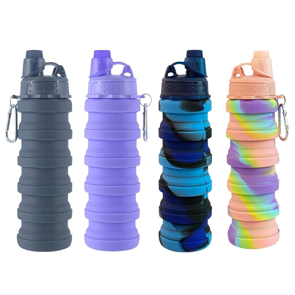 Dontinhu Collapsible Water Bottles 4 PackTravel water bottle Sports Portable Water Bottle Reusable Water Bottles 500ml silicone Water-proof camping water bottle. (Grey+Purple+Blue+Pink)