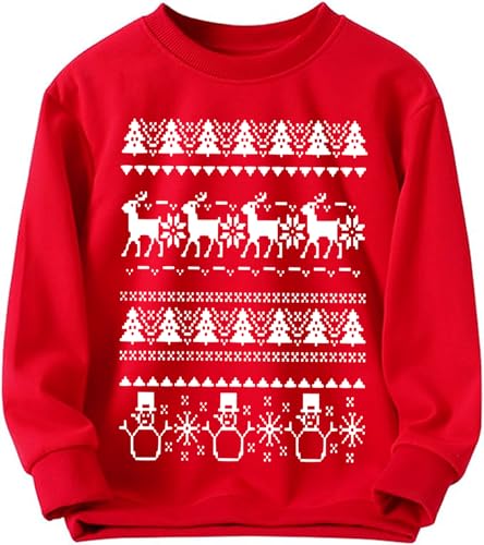 Image of Boys Christmas Jumper Sweatshirt Girls Xmas Jumpers Kids Unisex Reindeer Snowmen Christmas Tree Tops Children Long Sleeve Cotton Pullover Red Outfits Casual Crewneck Winter Clothes Age 7-8 Years