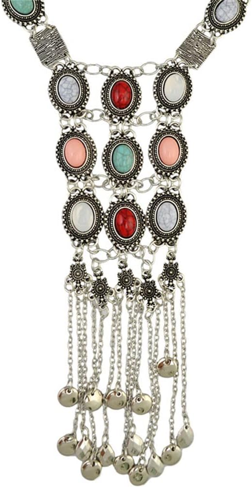 Asphire Bohemian Long Tassel Necklace Vintage Colorful Gemstone Turquoise Necklace Nepal Tibetan Ethnic Exaggerated Statement Accessories for Women and Girls - Image 2