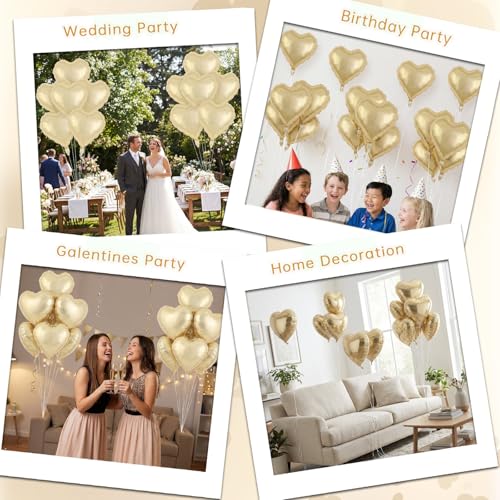 Image of 12 Pcs Champagne Gold Heart Balloons,18 Inch Heart Foil Balloons Love Balloon Valentine Balloon for Birthday Party Wedding Engagement Party Baby Shower Valentine Day Decorations