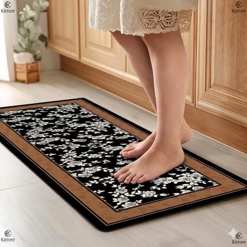 Image of KIMEE 2-Piece Kitchen Mat Set - Kitchen Floor Rugs, Non-Slip & Easy to Clean Water Absorbing Runner Comfort Mats for Kitchen, Laundry, Office (Black Border FlowerPattern, 120cm x 60cm + 60cm x 40cm)