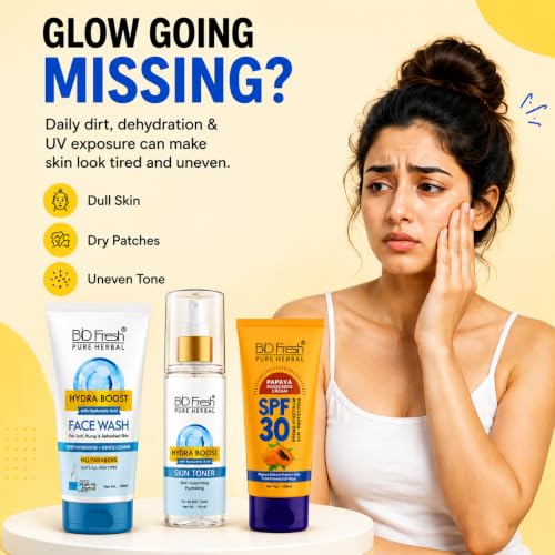 Image of BIOFRESH Korean Glass Skin Care Combo | Hydra Face Wash + Hydra Boost Toner + SPF 30 Sunscreen | Hydrating Face Cleanser, Pore Refresh Toner & Sun Protection | Daily Skincare Routine for Women & Men