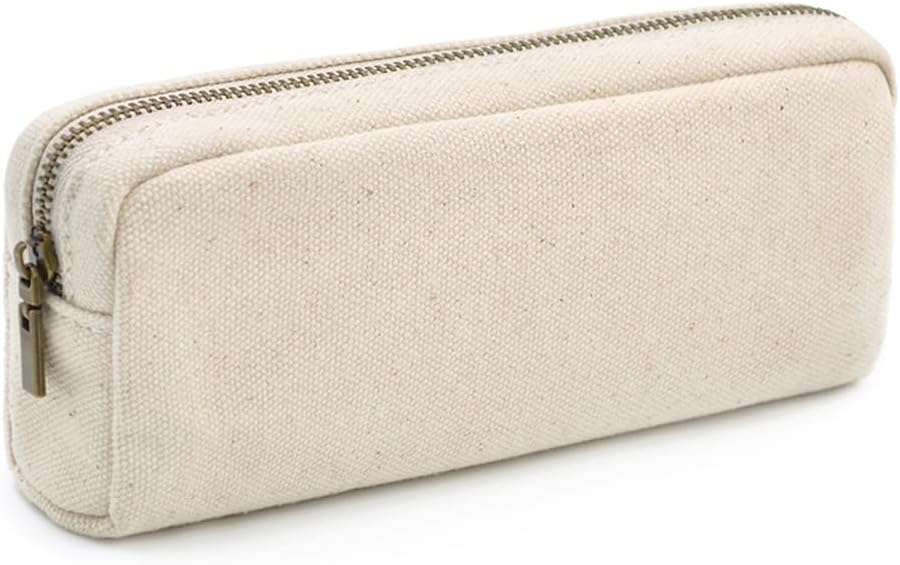 Minimalist Canvas Pencil Case, Solid White Plain Fabric Pen Storage Pouch, Portable Zipper Stationery Bag for School Office Travel