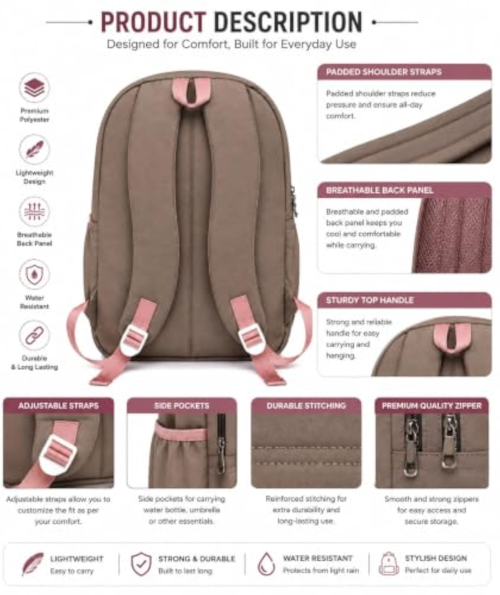 Girls' Stylish Laptop Backpack, Multi-Compartment