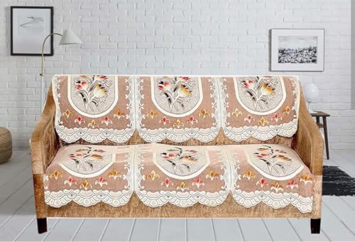 Image of Premium 3-Seater + 2 Single Seater Sofa Cover Set | Anti-Slip Cotton Blend Sofa Protector | Washable & Durability-Enhanced Fabric | Floral Design for Living Room Decor (Rust)