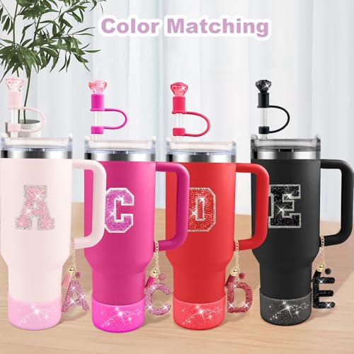 Hpebl 6PCS Hot Pink for Stanley Cup Accessories Set 30/40 OZ Bling Rhinestone Initials Charms for Stanley Decorations Tumbler Accessories Including Diamond Straw Topper, Spill Stopper（Letter T） - image 7