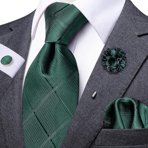 Image of Dubulle Mens Forest Green Tie and Lapel Pin Paisley Striped Floral Necktie for Men Pocket Square Cufflinks Wedding Party