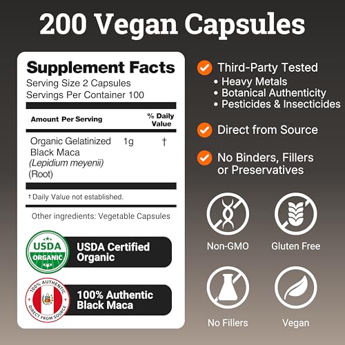 Image of Organic Gelatinized Black Maca Root for Men & Woman 200 Capsules , 1000mg | 4x Bioavailability - Energy Supplement for Focus, Performance, Stamina & Endurance, Mood Booster, Hormone Balance, Peruvian