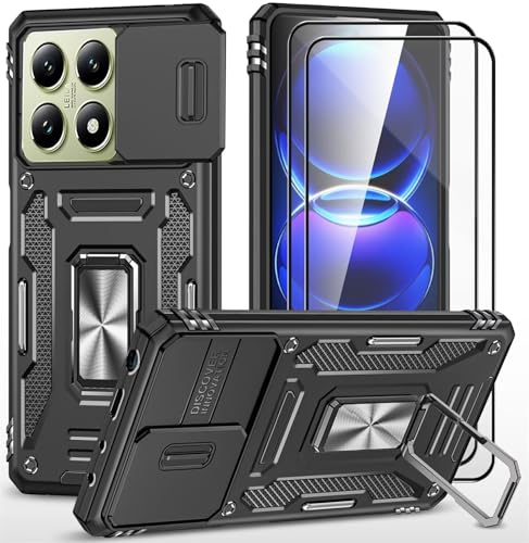 CLYDITE para Funda Xiaomi 14T Pro Carcasa Silicona Negro con Cristal Templado [2 Piezas] Cubierta de cámara Deslizante TPU 360 Grados Anillo Giratorio Soporte Coche