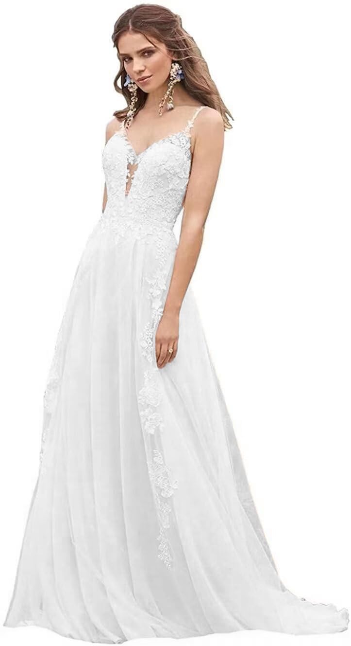 Damen Tüll Brautkleid Elegant Hochzeitskleider mit Spitze Lang Glitzer V-Ausschnitt Trauung Kleid Ärmellos
