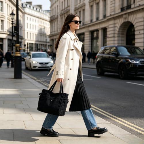 Bolso Tote grande de lona con cremallera y bolsillos negro miniatura 1