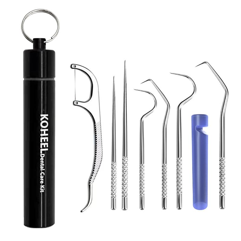 KOHEEL Toothpicks Pocket Set, Reusable Dental Floss Picks Kit, Stainless Steel Teeth Cleaning Tools, Tooth Picker, Oral Hygiene Kit with Holder (7 Count)
