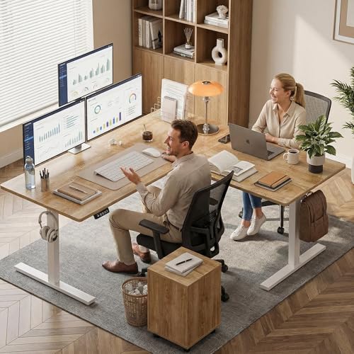 Image of Grandder 75 x 61 Inch L Shaped Standing Desk, Electric Height Adjustable Corner Stand Up Desk, Sit Stand Corner Table Home Office Table, Oak Top White Frame
