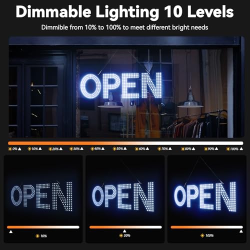 Image of LED Open Sign for Business 22 inchLx7 inchH with 10 Dimming Levels, 3 Modes & Adjustable Chain - Ultra Bright Storefront Signs for Window Glass Door Shop Retail Restaurant Salon (Cold White)