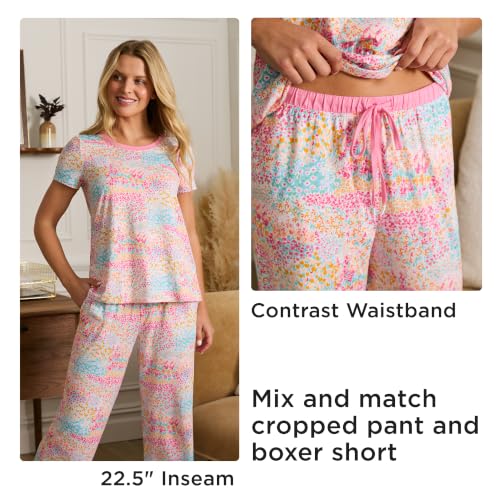 Image of Cuddl Duds 3 Piece Short Sleeve Capri Matching Lounge PJs Sets for Women | Cropped Capris Pants Boxer Shorts & Top, Sleepwear & Loungewear, Cute Sleep & PJ Set, Soft Lightweight & Breathable Pajamas