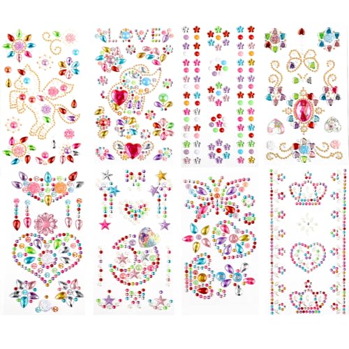 Pedras brilhantes autocolantes 8 folhas, pedras de strass autocolantes, autocolantes roxos, pedras brilhantes e de strass para o rosto, bricolage e presentes meninas