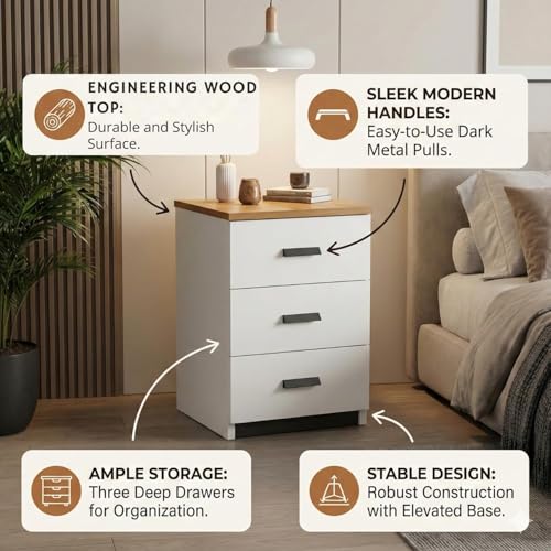Image of Bedside Table with Drawers | 1-Year Warranty | Modern 3-Drawer Bedside Table Storage Cabinet /Wooden Organizer Stand /End Table /Side Table for Bedroom /End Table for Bedroom DIY Assembly
