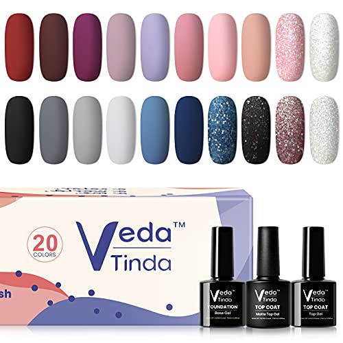Veda Tinda Gel Nail Polish Kit 20 Colors Fall Winter Modern Stage Soak off UV/LED Lamp Nail Polish Set with Glossy & Matte Top Coat and Base Coat Christmas