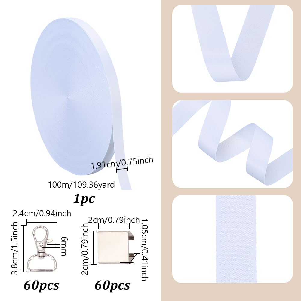 NBEADS Lot de sangles blanches à transfert thermique, 100 m, en polyester vierge, avec 60 mousquetons, anneaux en D, 60 pinces à sertir pour bricolage, porte-clés personnalisés