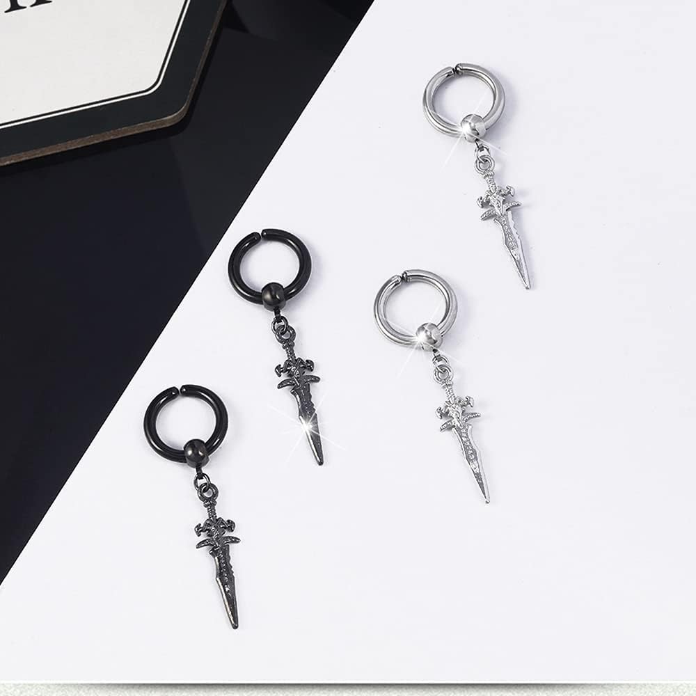 Punk Sword Dagger Non-piercing Clip on Dangle Drop Small Hoop Earrings for Men Women Gothic Fake Pierced Kpop Religious Christian Hypoallergenic Stainless Steel Hanging Cool Birthday Bff Gift - Image 2