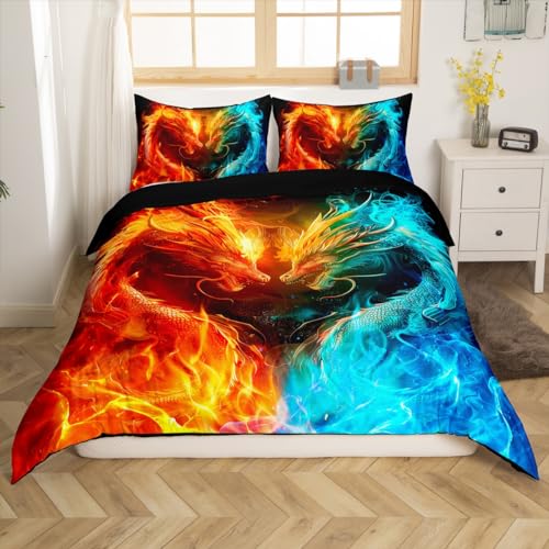 Loussiesd Kids Dragon Duvet Cover Double Size Ice Fire Dragon Bedding Set Wild Animal Comforter Cover Set Couple Wildlife Bedspread Cover Yellow and Blue Quilt Set including 2 Pillow Case 3PCS - Image 2