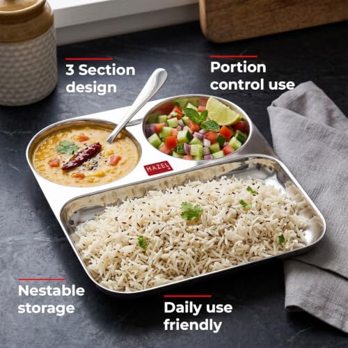 Image of HAZEL 3 Section Plate Stainless Steel Bhojan Thali Set of 6 for Idli Sambar
