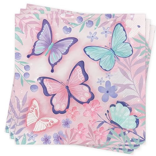 SUPJADE Servilletas de flores para primavera, decoración de mesa, 40 unidades, diseño de mariposas, decoración de mesa de verano, 33 x 33 cm, servilletas de papel para cumpleaños