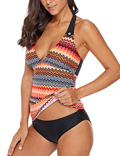 Sebowel Women Floral Stripe Printed V Neck Swim Top Halter Tankini Bathing Suit Tops, Orange Striped, L #TOP2