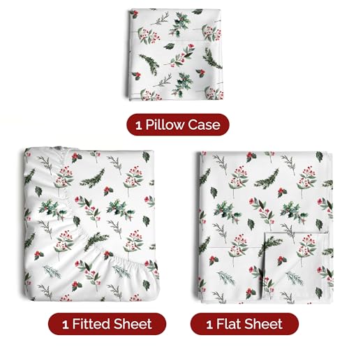 Twin Christmas Mistletoe Sheet Set - Holiday Xmas Pattern Bedding Set - Deep Pockets - Snug Fit - 3 Piece - Wrinkle Free - Comfy & Cooling Festive Winter - Holiday Sheets for Women, Men, Kids & Teens