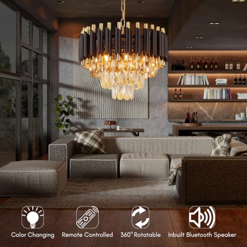 Image of TRIXY Rotating Crystals Chandelier Ceiling Light for Home & Decor | Color Changing LED | 360 Rotatable Crystals | Bluetooth Speaker | Remote Controlled | 2-Tier K9 Crystals, 300MM Black Gold Jhoomar