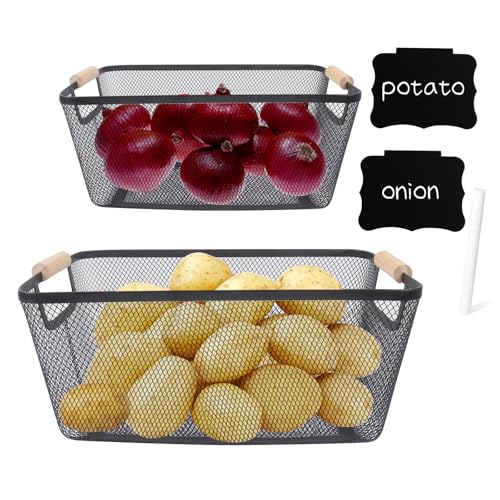 ZoeQide 2 Piezas Cajas para Guardar Patatas y Cebollas, Organizador de Cocina con Malla Metálica y Asa de Madera, Contenedor Transpirable para Verduras, Frutas, Despensa o Hogar (Incluye Pizarra)