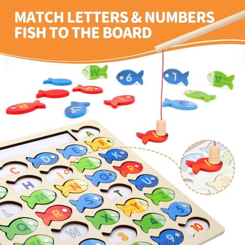 Image of SHINETOY Magnetic Alphabet Numbers Fishing Game, Wooden ABC Letter Numbers 123 Color Matching Puzzle Fine Motor Montessori Educational Toy for Preschool 3 4 5 Year Old Toddlers, 2 Poles