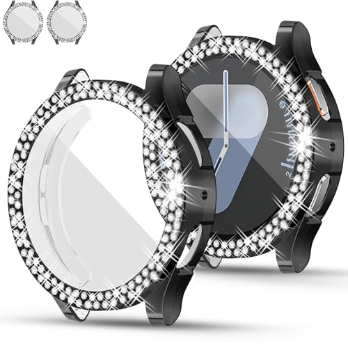 [2Pack] RICHONE Bling Case Compatible with Samsung Galaxy Watch 7 40mm Screen Protector Black, Soft TPU Cover 2 Row Rhinestones Full Protective Bumper for Galaxy Watch7 40MM for Women Men (SM-L300)