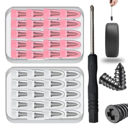 Tyre Repair Rubber Nail Kit, 80/60/40 PCS Screw in Tire Plugs with 2 Sizes, Rubber Nails Tire Repair – Fast Self-Service Tire Repair Tools with Box and Screwdriver, Tire Plugs Kit (40 Pcs)