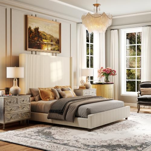 Ihanherry Queen Size 65" Tall Headboard Bed Frame with Charging Station, Upholstered Wingback Headboard with Washable Corduroy Cover, Noise Free, Solid Wood Slats & Legs, No Box Spring Needed, Beige - image 9