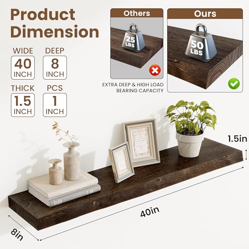 Image of Acovy Extra Deep 40 inch Long Live Edge Rustic Floating Shelves for Wall, Solid Wood Wall Shelves with Invisible Bracket Mount for Living Room Bathroom Bedroom Kitchen, Set of 1, Walnut