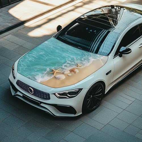 Image of Beach Starfish Shells Hood Cover for Car SUV Sedan Truck, Waterproof Elastic Polyester Car Hood Protector, Automotive Exterior Decorative Accessories for Summer