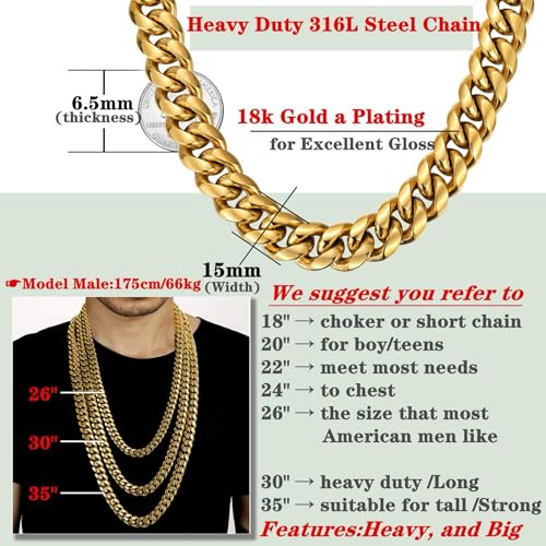 ROWIN&CO Miami Cuban Link Chain for Men 15mm 18k Gold Stainless Steel Curb Necklace, Hip Hop Jewelry, Durable & Anti-Tarnish Mens Chain 18" 20" 22" 30" Inch, Pops Gifts For Fathers Boyfriends, Sons4