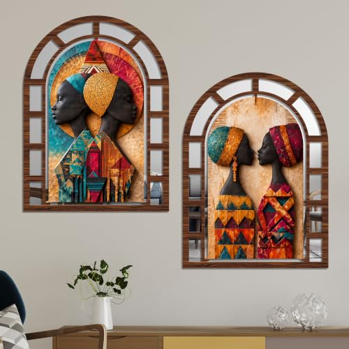 Image of Artvibes Ethnic Women Wall Decoration | Wall Hanging Jharokha Mirror for Living Room, Bedroom, Hall, Office, Entrance & Lobby | Gift for Special One (WH 12019N), Set of 2