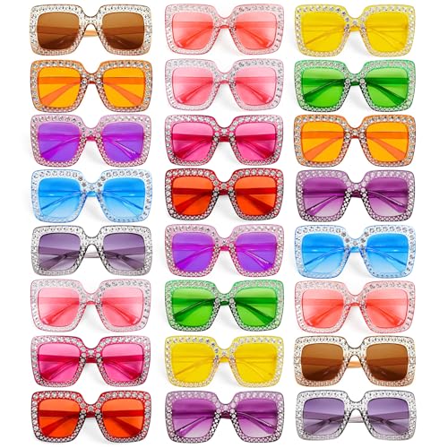 Pibupibu 12/24 Pack Fun Oversized Square Crystal Sunglasses for Women Bulk, Disco Rhinestone Sparkling Glasses Party Favors