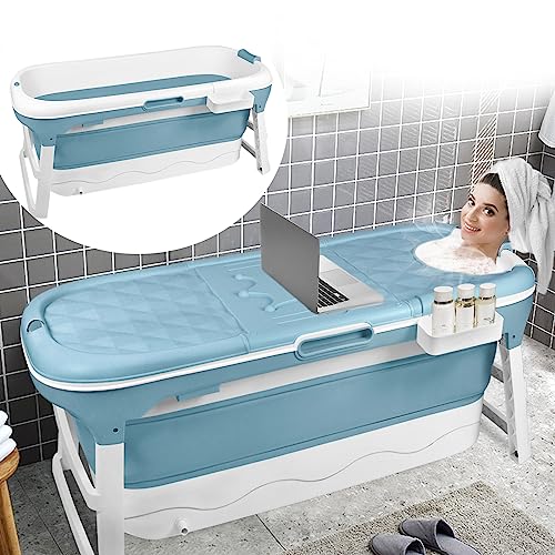 JOIEYOU Faltbare Badewanne Erwachsene, XXL Foldable Bathtub Mobile Tragbare Badewanne Sitzbadewanne, Klappbadewanne mit Abnehmbare Abdeckung und Badewannenablage, Blau (148 x 62 x 53 cm)