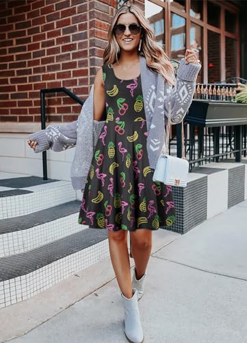 Image of uideazone Women Funny Print Sleeveless U Neck A Line Casual Midi Dress | Soft Stretchy Breathable Fabric Flared Swing Sundress Fitted Waist for Daily Wear 80 /90s Themed Party Beach Vacation Trips