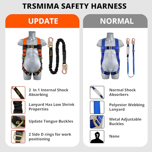 Image of TRSMIMA Safety Harness Fall Protection - Men Construction Full Body Harness Kit for Work with Shock Absorbing Lanyard Tongue Buckle ANSI Orange
