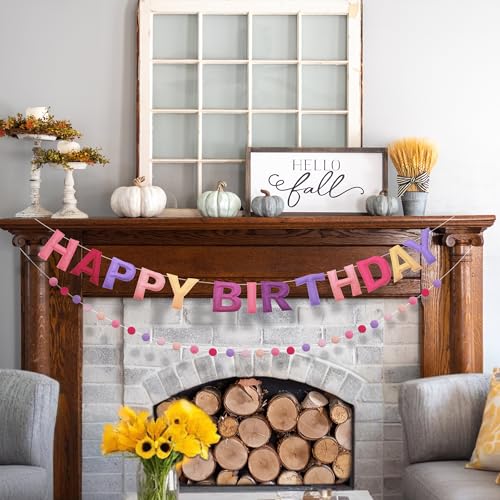 Image of 2 PCS Pre-Strung 3D Felt Happy Birthday Banner - Reusable Happy Birthday Decorations Sign, Felt Ball Garland, Pom Pom Garland, Party Decor, Photo Prop(pink & purple)