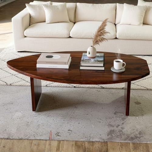 Image of Solid Sheesham Wood Oval Coffee Table for Living Room | Modern Low Height Centerpiece for Sofa Seating Area | Handcrafted Wooden Accent Furniture | Durable Designer Piece for Home & Apartment | Brown
