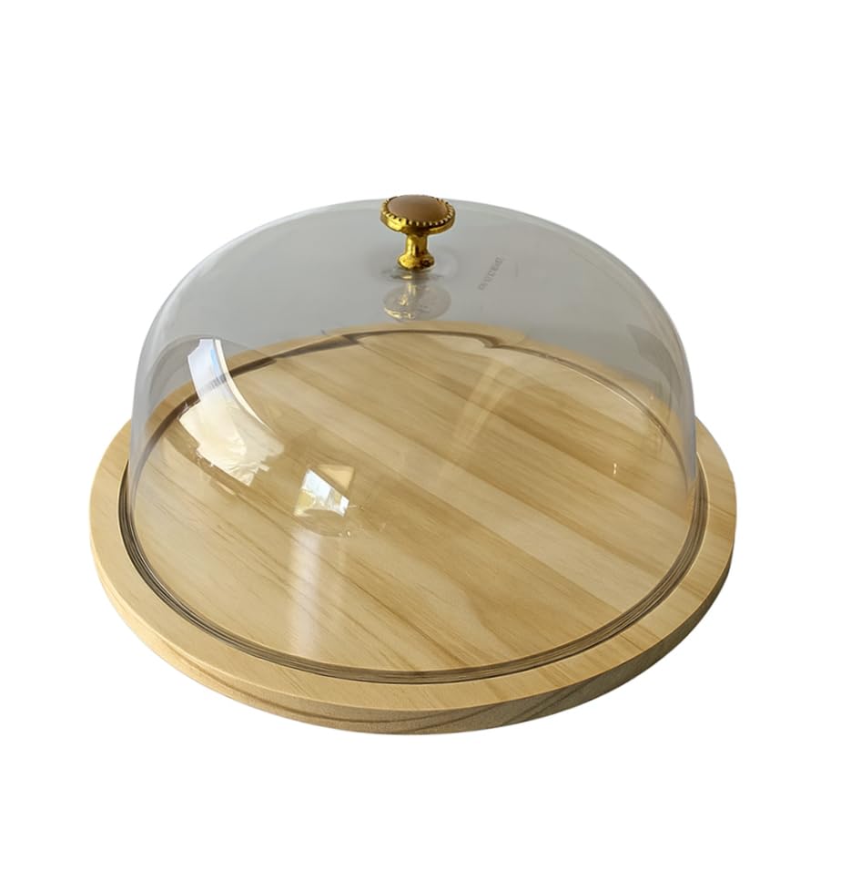 Image of Wooden Cake Display Plate - Single Stand for Showcasing Cakes and Cupcakes | Clear Acrylic Dome Lid, Cake Display Server Tray for Kitchen, Round Cake Cutting Holder